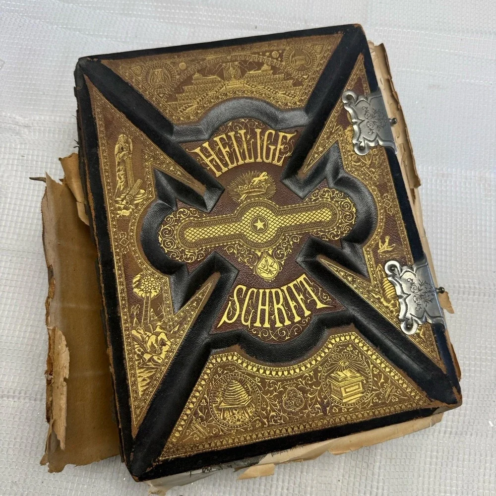 Antique 1800s German Holy Bible Heilige Schrift Scripture Leather Rough Book